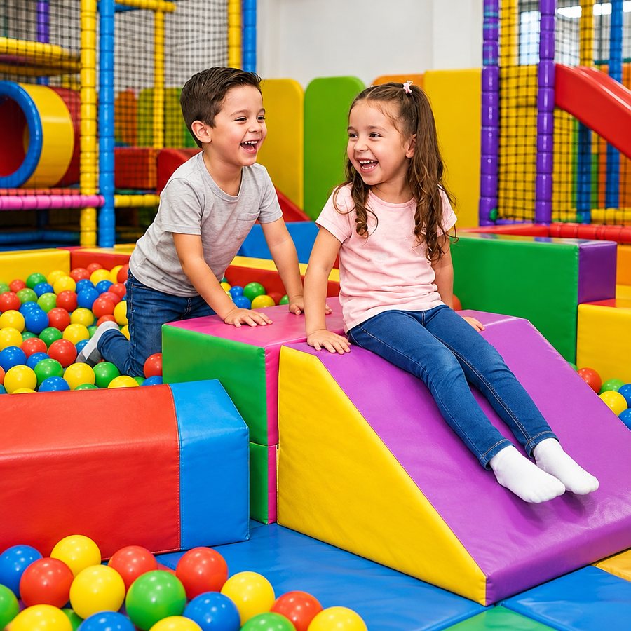 Dos niños riendo y jugando entre bloques de espuma en el área infantil Kidoland