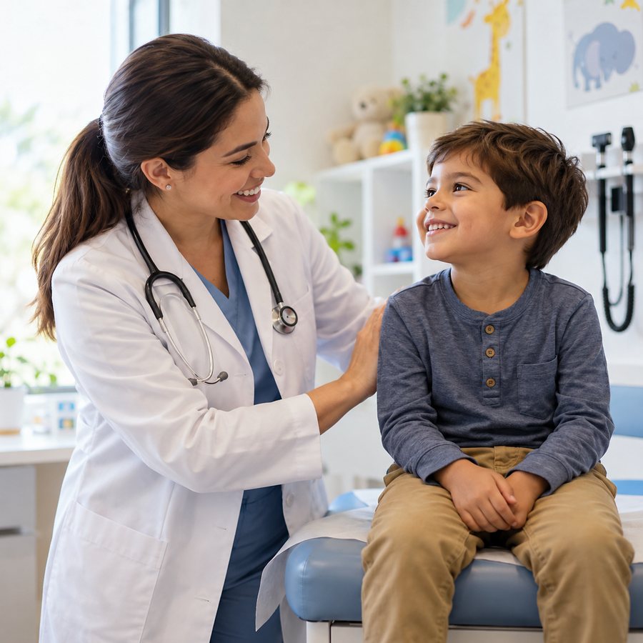 Pediatra sonriendo junto a un niño en el consultorio de Hospikids, en Plaza Jade