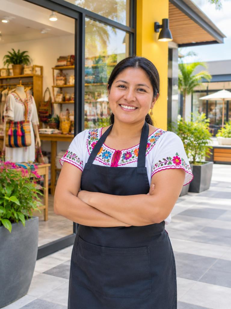 Emprendedora sonriendo frente a su local en una plaza comercial