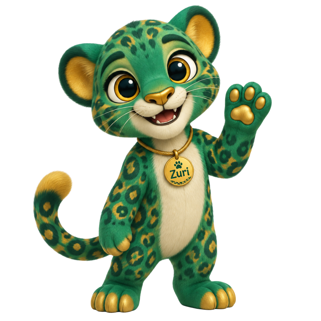 Zuri, la mascota de Plaza Jade, un jaguar verde sonriendo y saludando